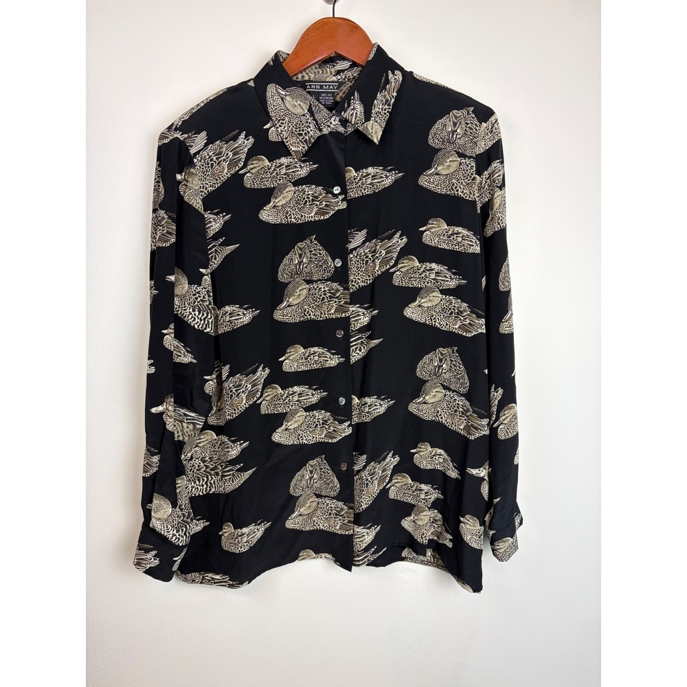 Ann May Silk Shirt Large Black Mallard Duck Vintage Button Up Blouse 90s Cottage